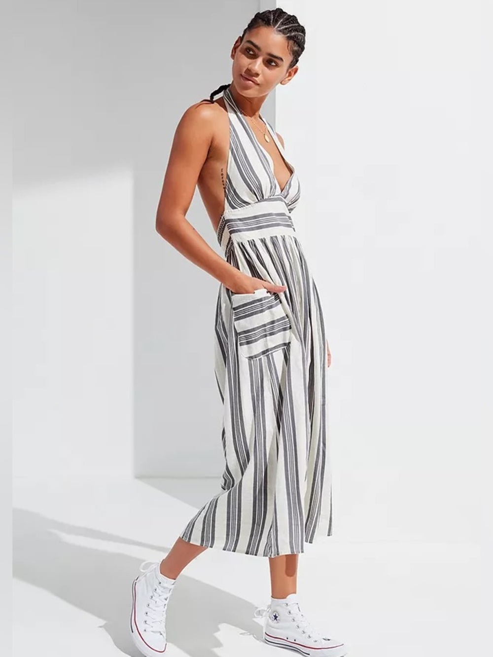 Urban Outfitters Betsey Striped V-Neck Midi Dress in Cream and Taupe